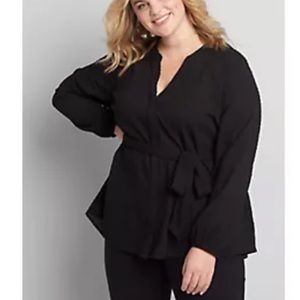 Black, Textured Button-Dront Belted Top. Size 16.